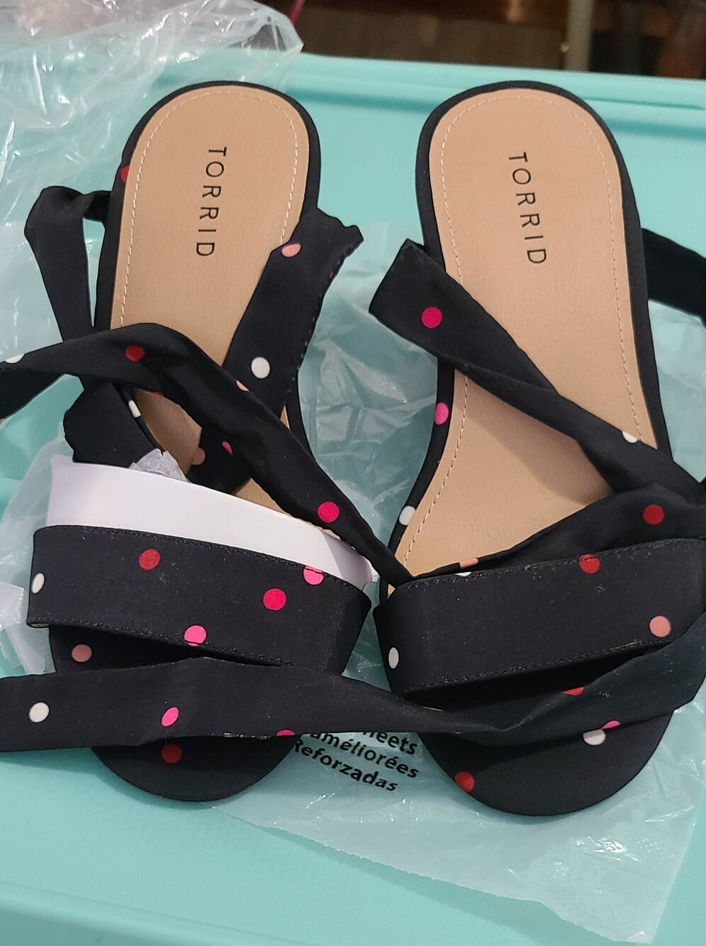 Torrid Black Polka Dot Wrap Sandals with Pink, Red & White Dots